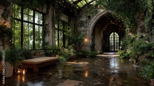 Inside a sunlit, stone structure, plants and greenery adorn walls, floors, and arches