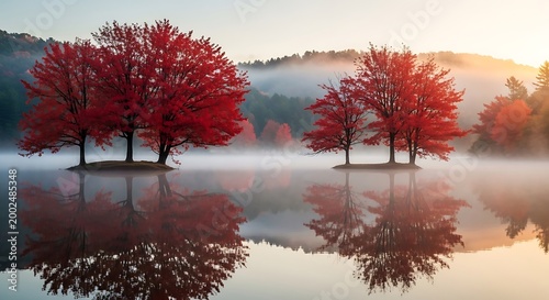 Autumn Trees in Misty Lake.