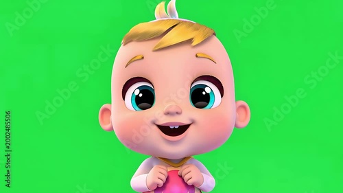 Cute 3D animated baby character smiling with big blue eyes on green screen. Happy cartoon infant for chroma key.