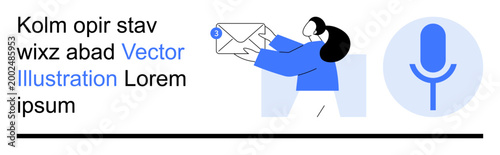 Messaging apps, voice communication, email services, notifications, digital interaction, teamwork. Woman holds envelope with notification, next to microphone icon. Messaging apps and voice
