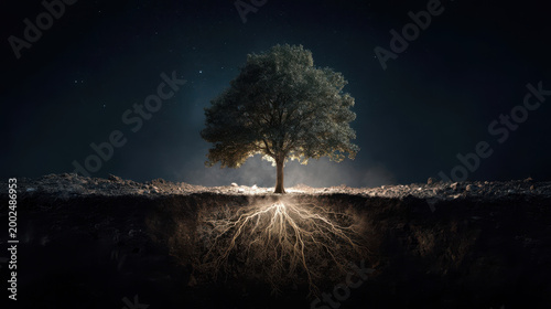 Glowing tree roots under the starry night sky, mystical tree of life with underground root system