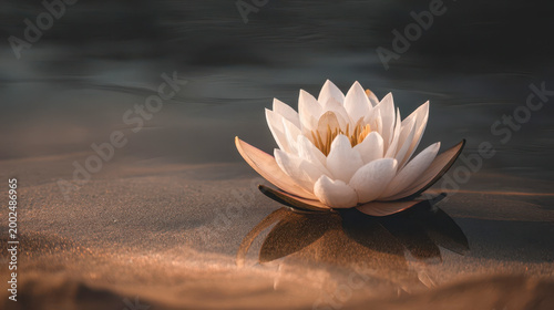 Single Egyptian lotus floats on still water under soft light during early morning hours