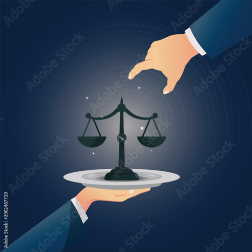 Conceptual vector illustration of justice and balance represented by a glowing scale placed on a serving tray held by a hand, while another hand above appears to adjust or control it