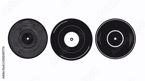 Three stylized vinyl records in varying states of detail against a white background