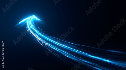 Dynamic blue light arrow soaring upwards against a dark background, representing growth.