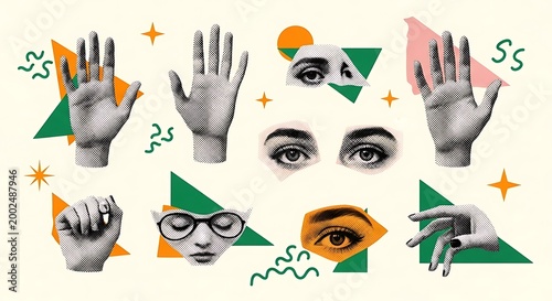Surreal Collage of Human Body Parts and Abstract Shapes.