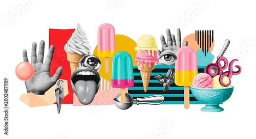 Surreal Collage of Ice Cream Treats and Abstract Elements.