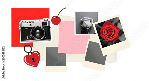 Vintage Camera, Red Rose, and Cherry on a White Background with Pink and Red Accents.