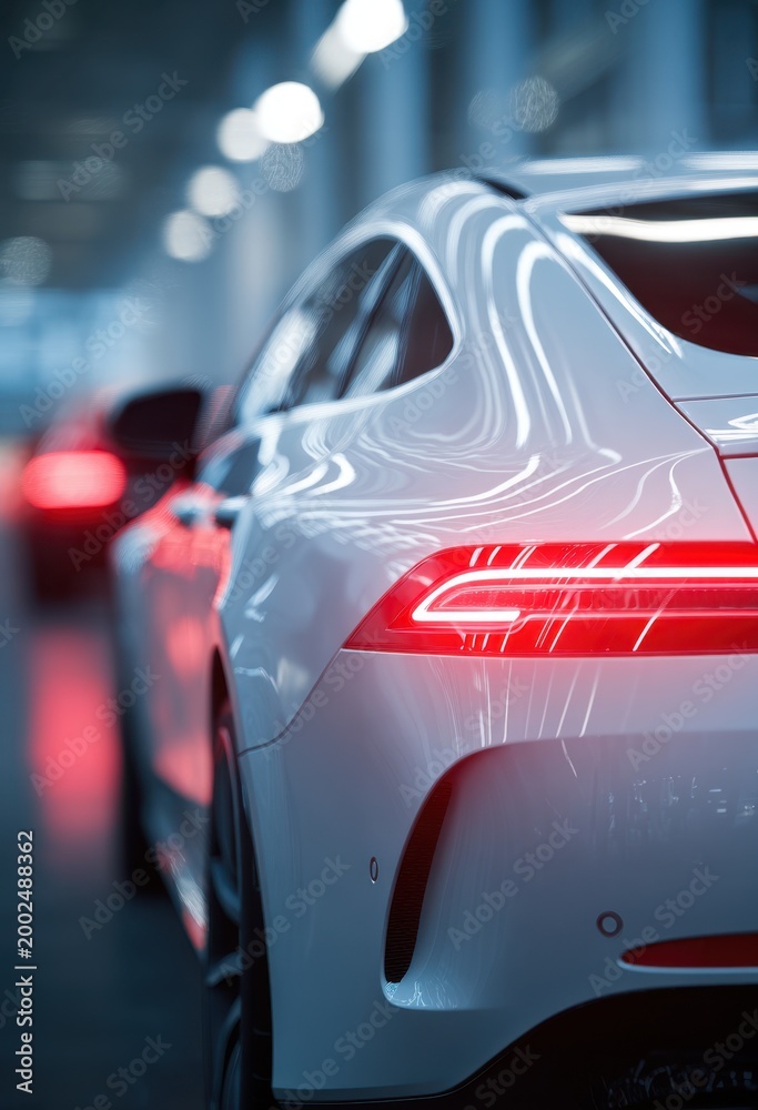 Obraz premium Sleek white modern luxury vehicle tail light glowing in soft focus indoor urban setting with reflections and ambient lighting creating dynamic atmosphere