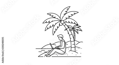 Man sitting under a palm tree.