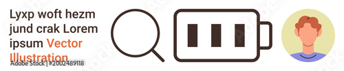 Technology interface, battery level, user profiles, search functionality, digital concepts, energy monitoring. Minimal icons with placeholder text. Battery level and user profiles concepts