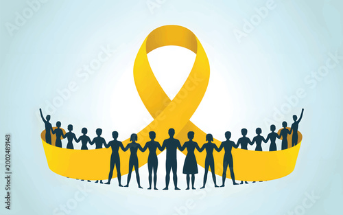 Yellow awareness ribbon with a line of dark blue human silhouettes holding hands on a light background