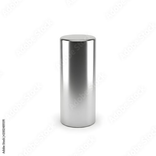 3D Isolated Metallic Chrome Cylinder Podium, Reflective Silver Metal Pillar Stand on White Background for Product Display
