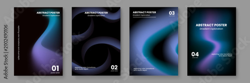 Abstract poster set featuring deep ocean blue swirls and mystical dark gradients for atmospheric design projects