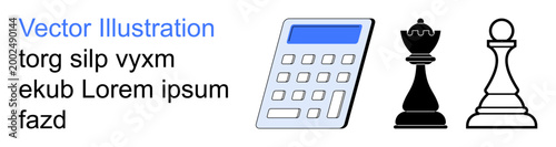 Business strategy, critical thinking, game theory, problem solving, planning, education. A calculator and chess pieces of a queen and pawn. Business strategy and critical thinking concept