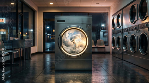 Surreal Laundromat at Night with a Storm Inside the Washing Machine