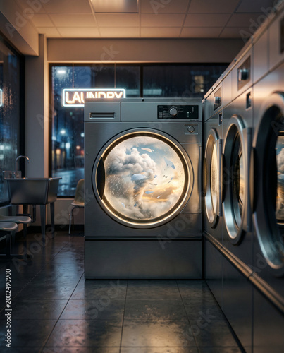 Surreal Laundry Machine with Sky and Clouds Inside the Drum