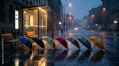Rainy Bus Stop with Abandoned Umbrellas in a Quiet City Street