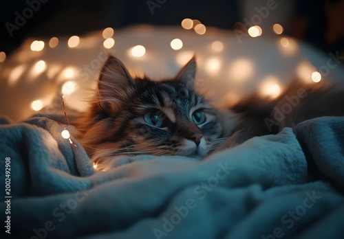 Cozy Cat with Fairy Lights