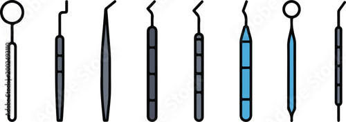 Professional dental tools vector icon set featuring mouth mirror explorer probe and scalers in minimalist outline flat and colored design for medical dentistry clinics.