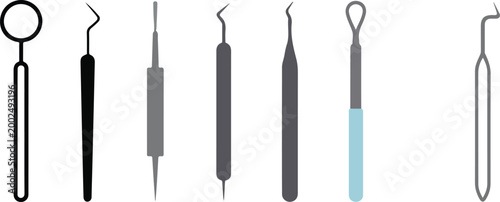 Professional dental tools vector icon set featuring mouth mirror explorer probe and scalers in minimalist outline flat and colored design for medical dentistry clinics.