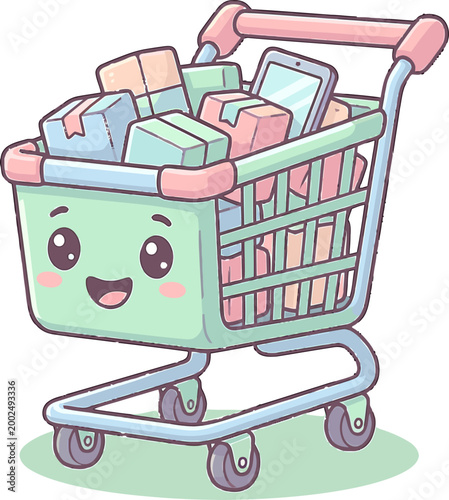 Cute kawaii shopping cart filled with gifts and products, perfect for e-commerce and retail themes