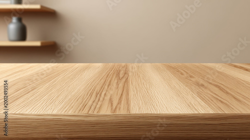 Wooden tabletop light oak clean surface warm light empty background minimal interior natural grain smooth texture copy space shelf decor blurred background beige wall home interior rustic wood