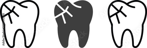 Minimalist cracked tooth vector icon set featuring outline and silhouette designs for dental pain cavity treatment emergency dentistry and oral healthcare medical clinic graphic elements.