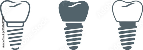 Minimalist dental implant vector icon set featuring screw crown outline and silhouette designs for dentistry surgery medical clinic stomatology and tooth restoration graphic elements.