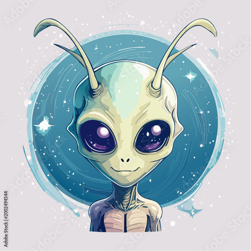 Stylized digital illustration of a friendly, big-eyed alien creature against a speckled cosmic background, evoking wonder and science fiction themes