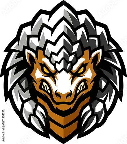 Aggressive armadillo mascot with sharp scales and a fierce expression, perfect for sports teams or gaming logos