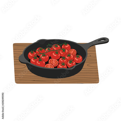 Vector illustration of tomatoes in a cast iron skillet on a board