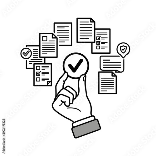 Hand holding checkmark with floating document icons vector art