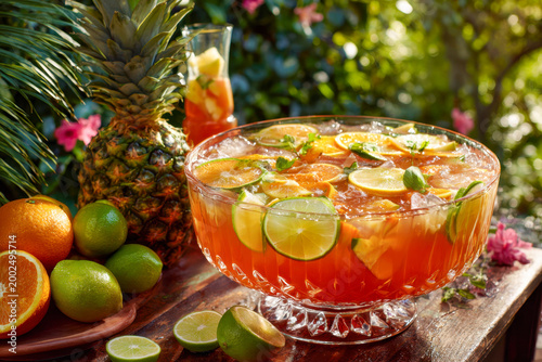 Tropical fruit punch with fresh citrus slices and pineapple served in a crystal bowl on a rustic wooden table in a vibrant outdoor garden setting