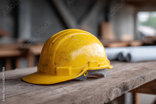 Yellow hard hat, scuffed construction helmet on wooden table in workshop with dusty surface and blurred background