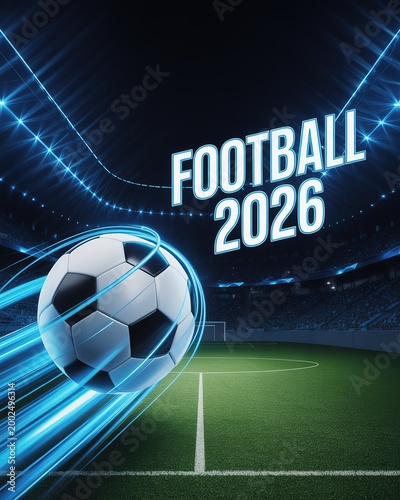 Vibrant dynamic illustration featuring soaring football player against bold red blue backdrop capturing World Cup Football championship energy for sports marketing campaigns