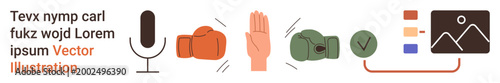 Communication, conflict resolution, decision-making, data visualization, sports, symbol interpretation. Microphone, boxing gloves hand gesture checklist and graph. Communication and conflict