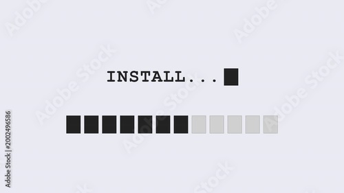 Retro 8 bit loading progress bar for 4k video installation. Classic 'INSTALL...' message, evoking vintage computing. Perfect digital aesthetic for video game interfaces