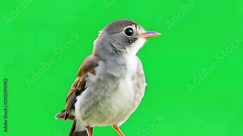 Close-up of a small songbird against a vibrant green chroma key background