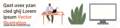 Workplace organization, productivity, business communication, design aesthetics, office culture, remote work. A man works at a desk with a plant and computer. Workplace organization and productivity