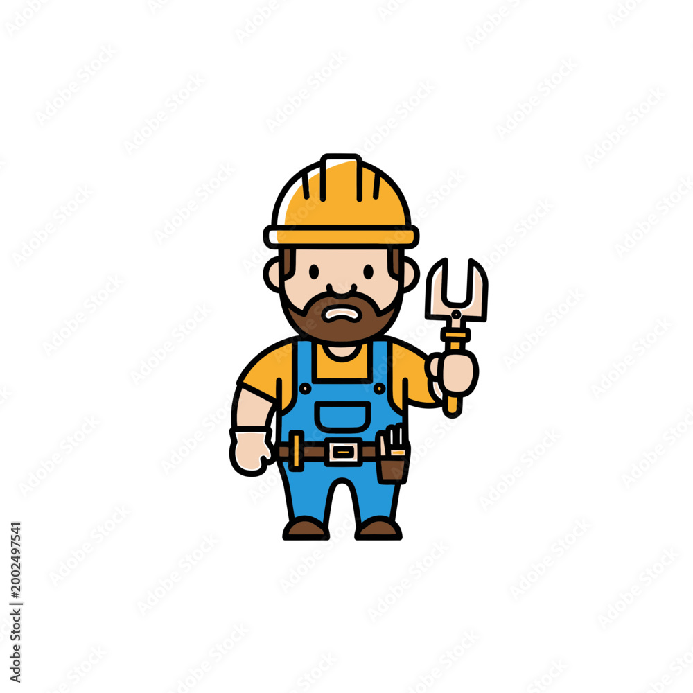 Fototapeta premium Cartoon handyman character wearing a hard hat and holding a wrench