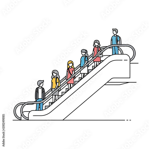 Diverse group of people on an escalator line art illustration