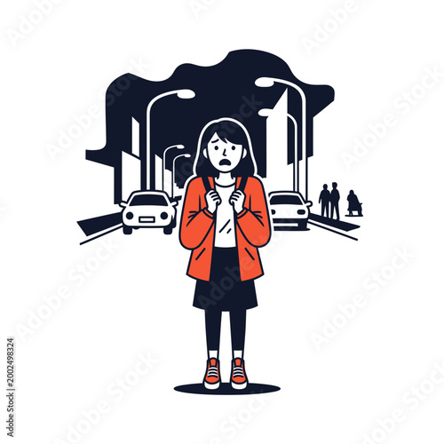 Scared young woman feeling lost and unsafe in a city at night
