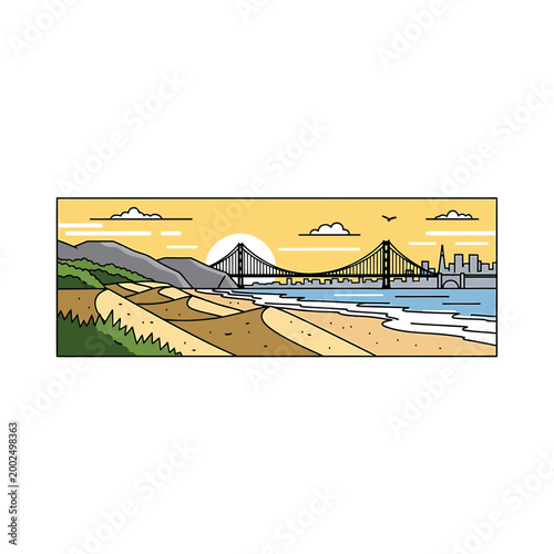 Vector Illustration of a Coastal Suspension Bridge at Sunset