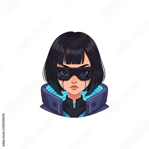 Cyberpunk woman in futuristic visor and glowing high-tech suit