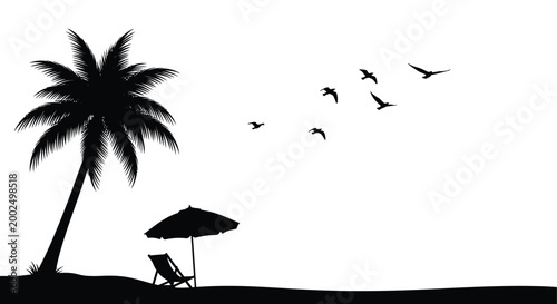 beach scene with palm tree beach chair umbrella and birds silhouette