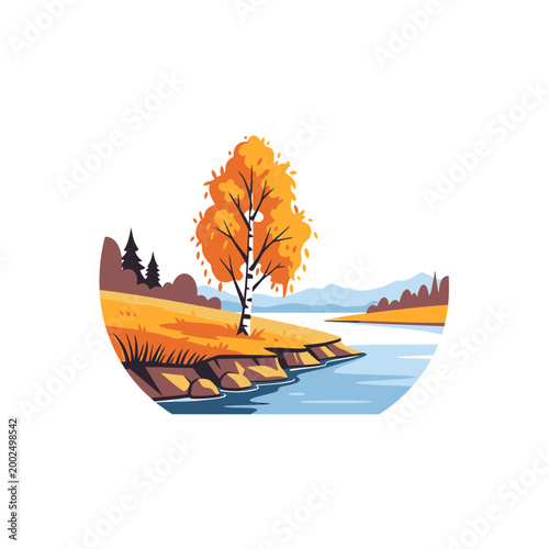 Flat vector illustration of autumn landscape with birch tree and river