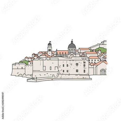 Mediterranean Coastal Old Town with Stone Walls Vector Illustration