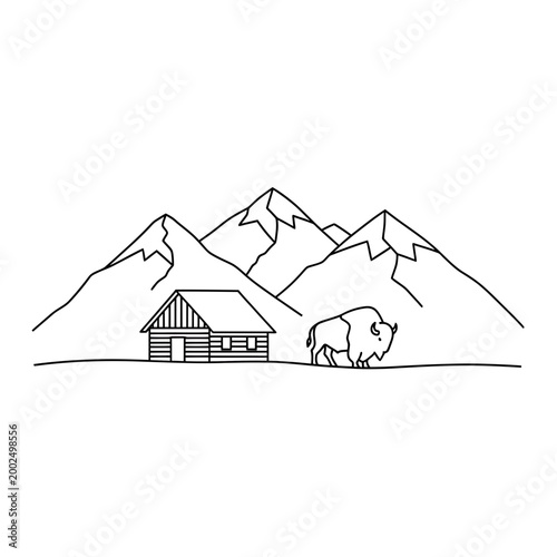 Minimalist Mountain Landscape Line Art with Cabin and Bison