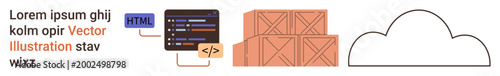 Cloud technology, software development, storage systems, HTML programming, warehouse logistics, digital data. Coding interface with HTML snippet, stacked boxes and cloud. Cloud technology